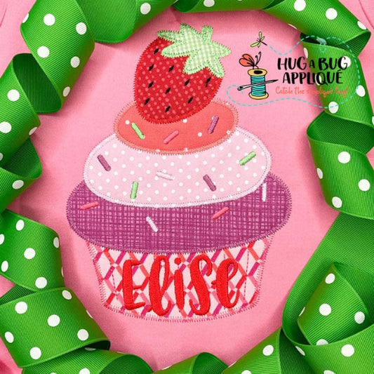 Cupcake Strawberry Zig Zag Stitch Applique Design, Applique