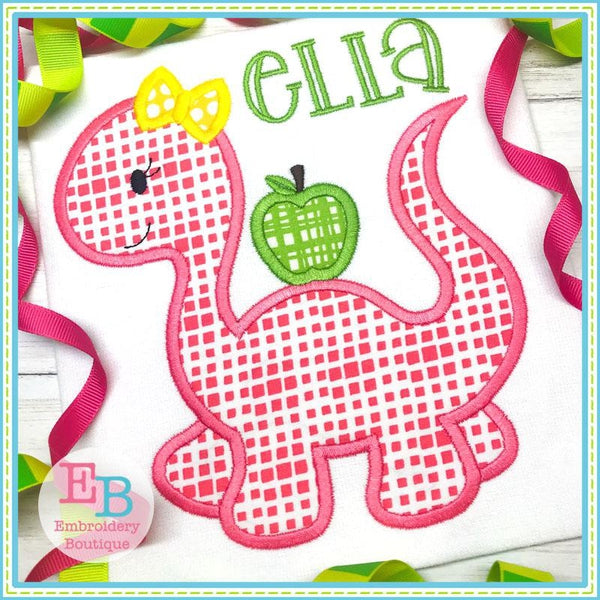 Dinosaur Girl With Apple Satin Applique, Applique