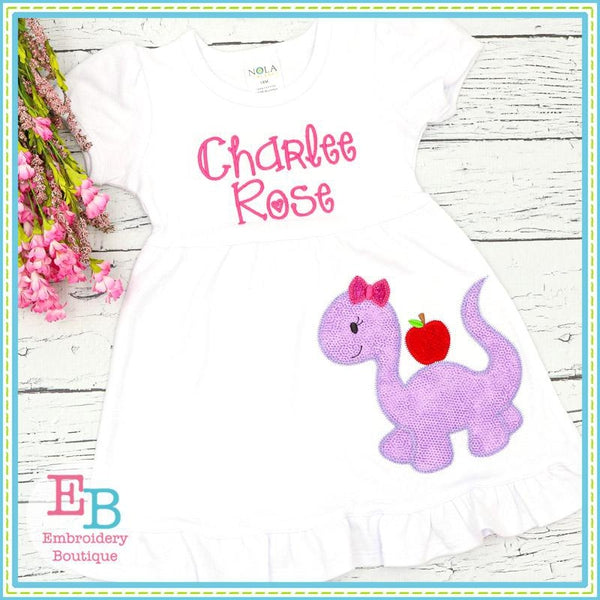 Dinosaur Girl With Apple Zigzag Applique, Applique