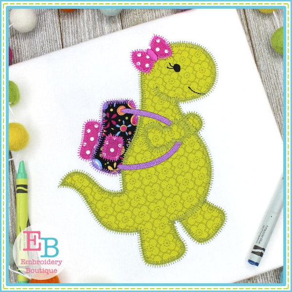 Dinosaur Girl With Backpack Zigzag Applique, Applique