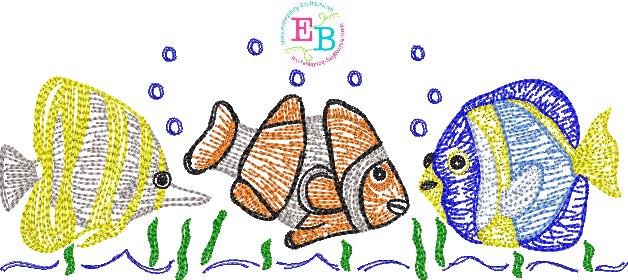 Fish Trio Bubbles Sketch Embroidery Design, Embroidery