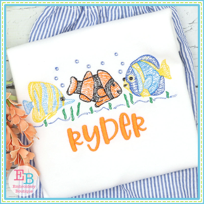 Fish Trio Bubbles Sketch Embroidery Design, Embroidery