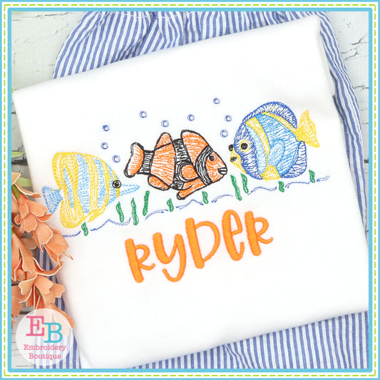 Fish Trio Bubbles Sketch Embroidery Design, Embroidery