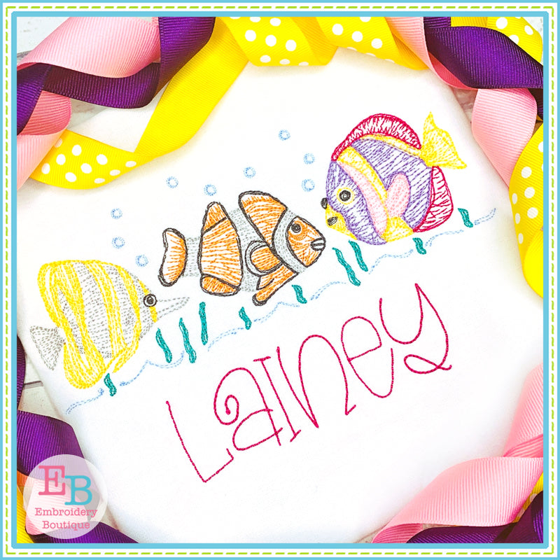 Fish Trio Bubbles Sketch Embroidery Design, Embroidery