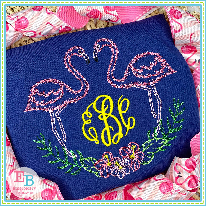 Flamingos Flowers Watercolor Embroidery Design, Embroidery