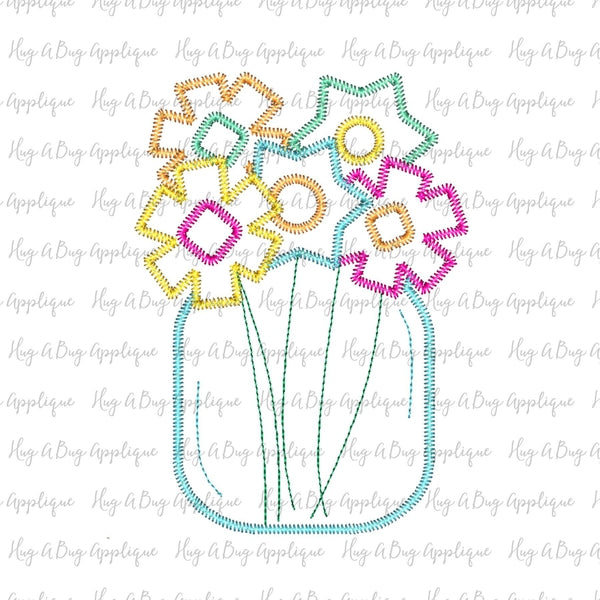 Jar Flowers Zig Zag Stitch Applique Design, Applique