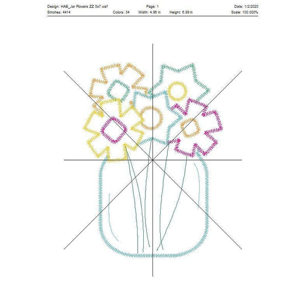 Jar Flowers Zig Zag Stitch Applique Design, Applique