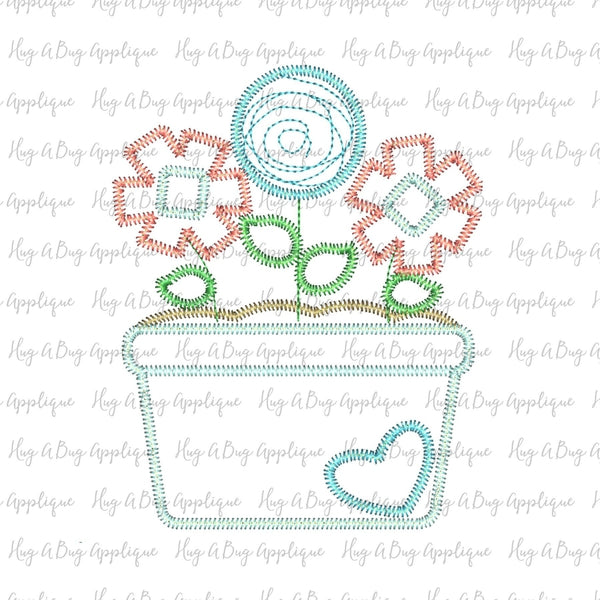 Flower Pot Zig Zag Stitch Applique Design, Applique
