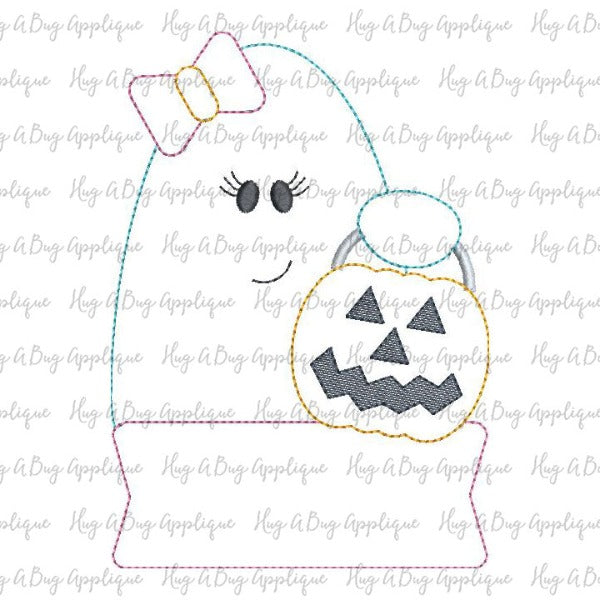Ghost Bow Candy Bucket Banner Bean Stitch Applique Design, Applique