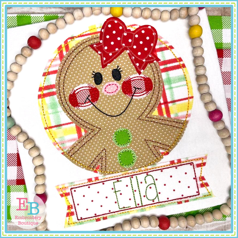 Gingerbread Girl Circle Banner Applique, Applique