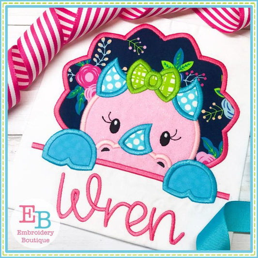 Triceratops Girl Peeker Applique, Applique