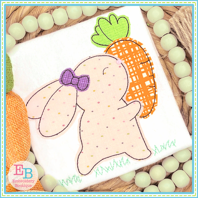 Girl Bunny Grass Bean Stitch Applique, Applique