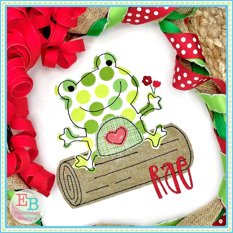 Girl Frog on Log Bean Stitch Applique, Applique