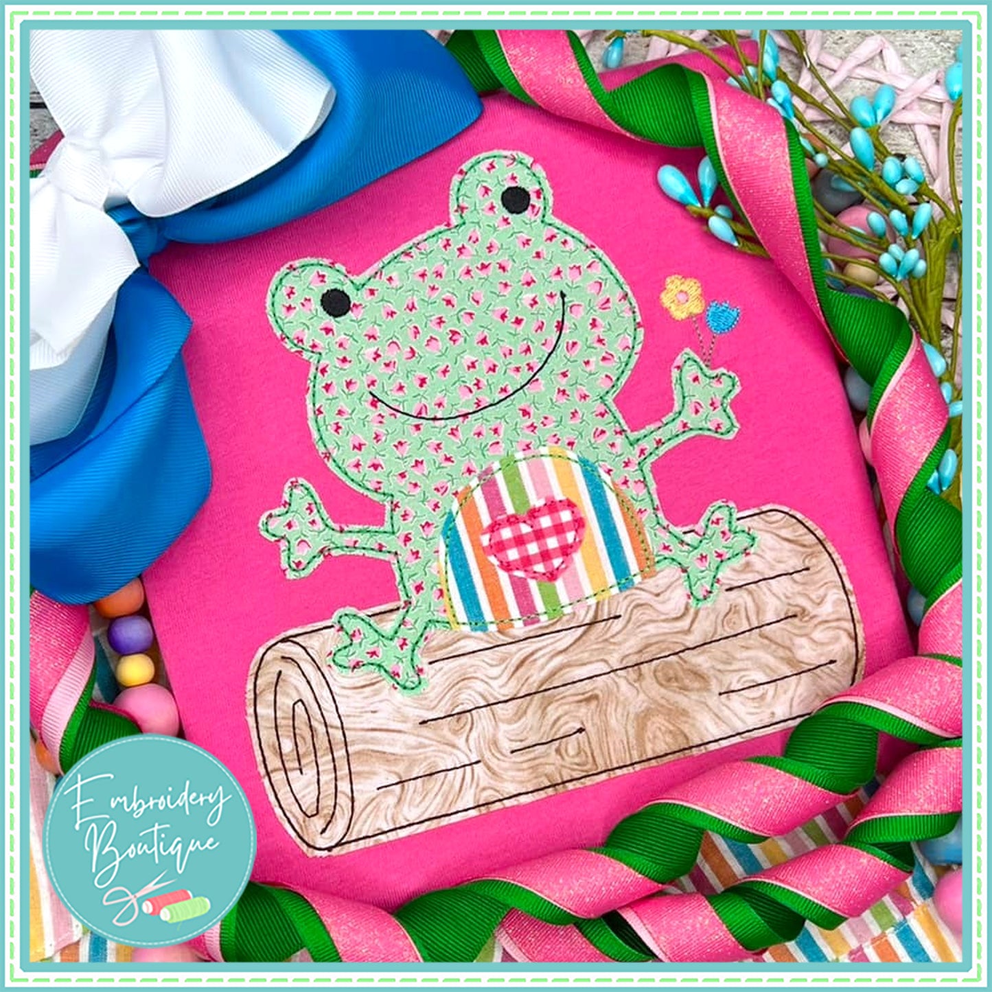 Girl Frog on Log Bean Stitch Applique, Applique, Embroidery Boutique