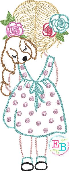 Girl Puppy Watercolor Embroidery Design, Embroidery