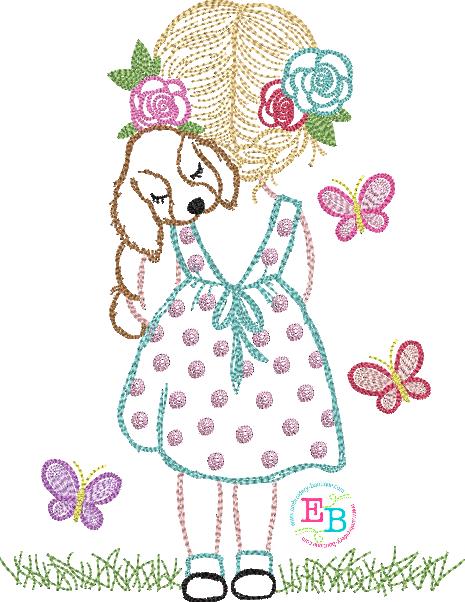 Girl Puppy Butterflies Watercolor Embroidery Design, Embroidery