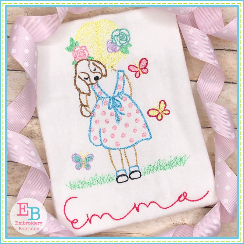 Girl Puppy Butterflies Watercolor Embroidery Design, Embroidery