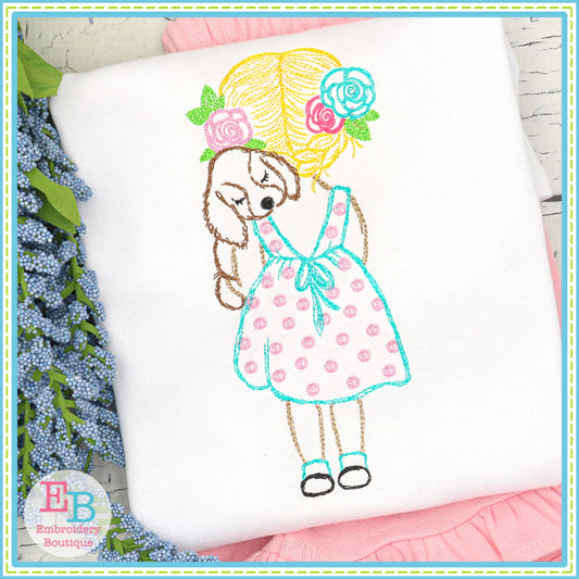 Girl Puppy Watercolor Embroidery Design, Embroidery