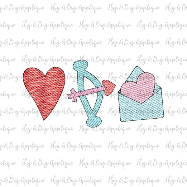 Heart Cupid Bow Letter Sketch Embroidery Design, Embroidery
