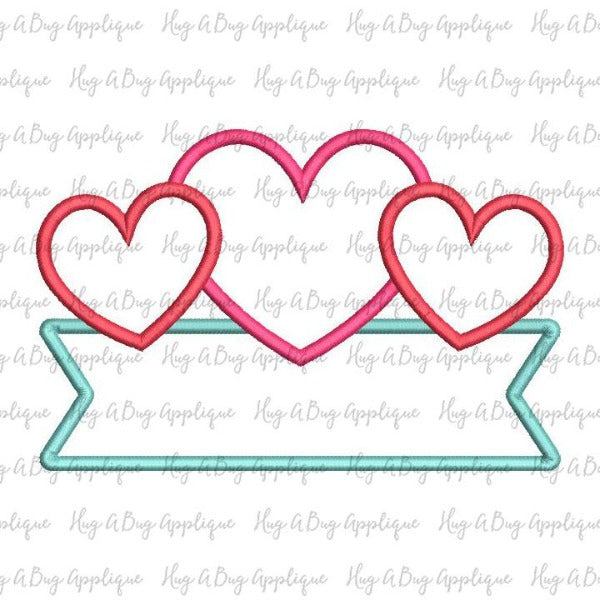 Heart Trio Banner Satin Stitch Applique Design, Applique