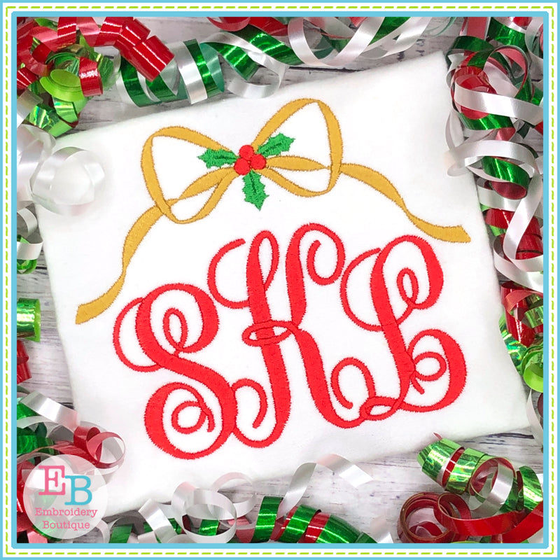 Holly Bow Monogram Frame Embroidery Design, Embroidery