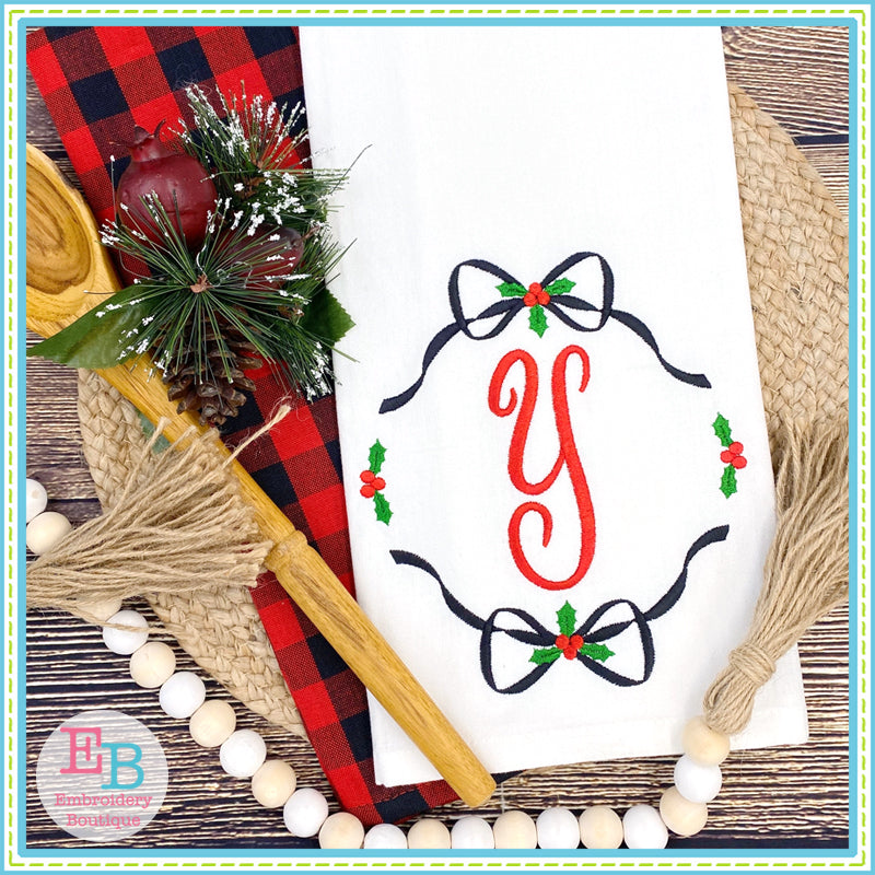 Holly Double Bow Monogram Frame Embroidery Design, Embroidery