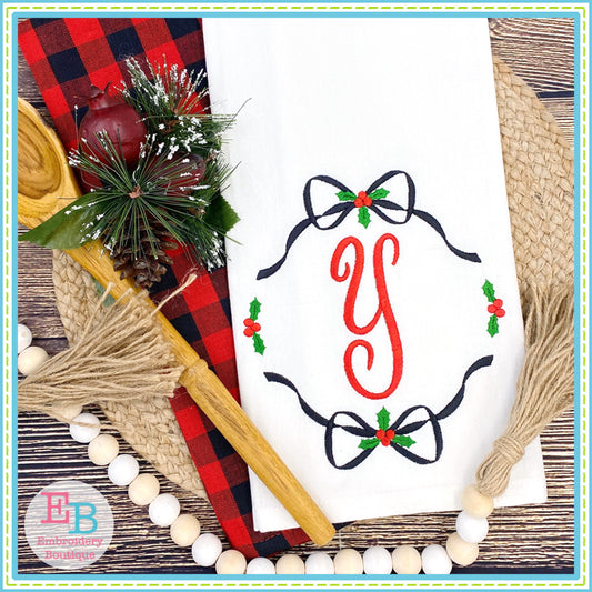 Holly Double Bow Monogram Frame Embroidery Design, Embroidery