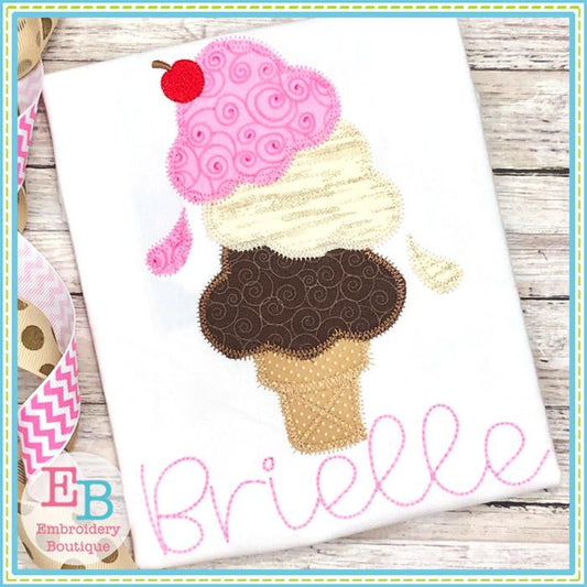 Triple Scoop Ice Cream Cone Applique, Applique
