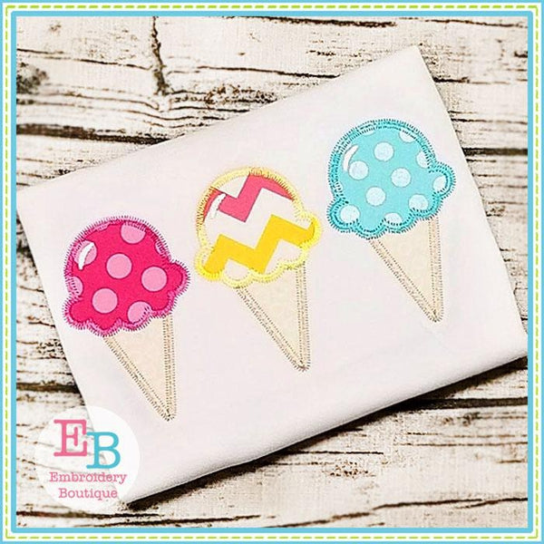 Ice Cream Cone Trio Zigzag Applique, Applique