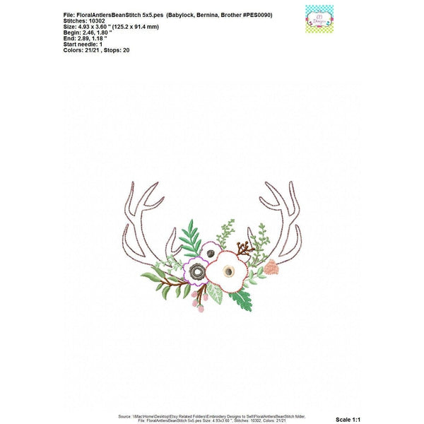 Antlers with Flowers Bean Stitch Applique Design, applique