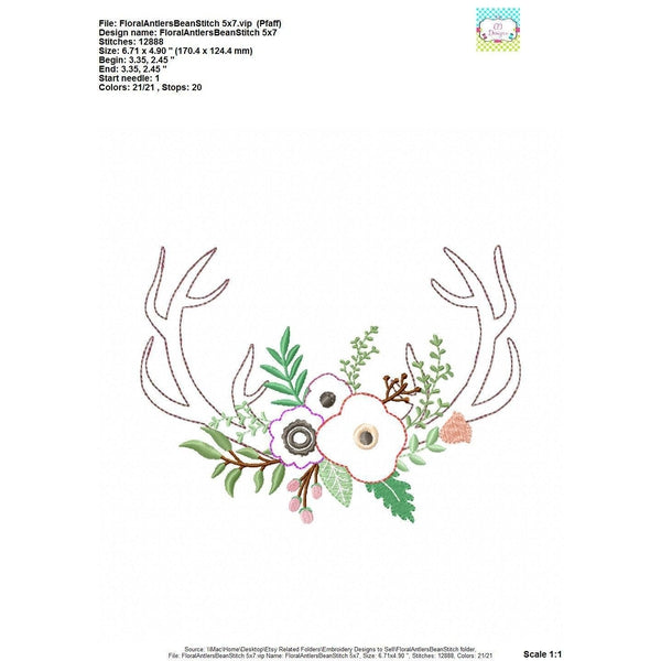 Antlers with Flowers Bean Stitch Applique Design, applique