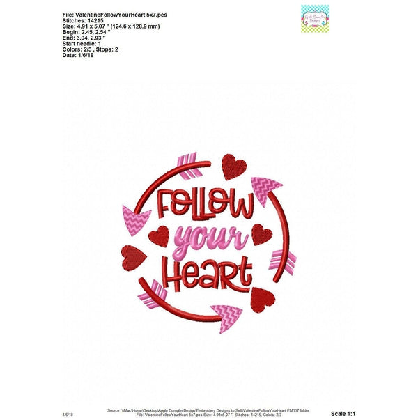 Follow Your Heart Arrow Circle Embroidery Design, embroidery