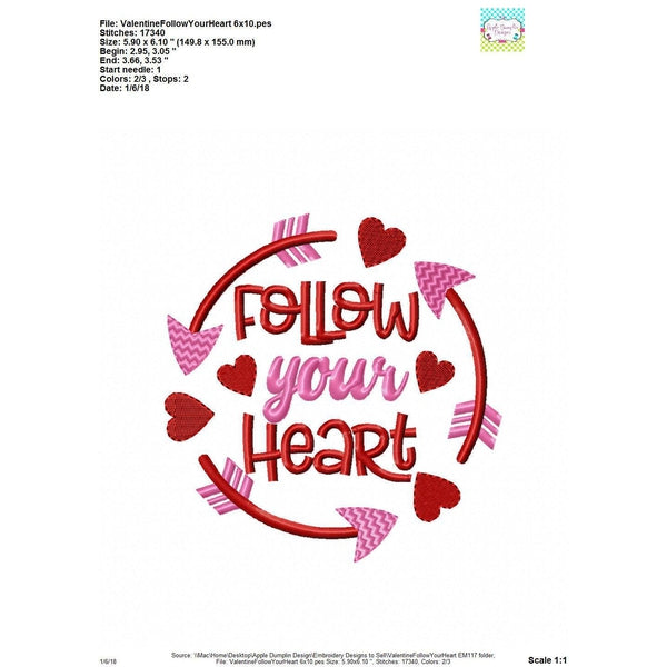 Follow Your Heart Arrow Circle Embroidery Design, embroidery