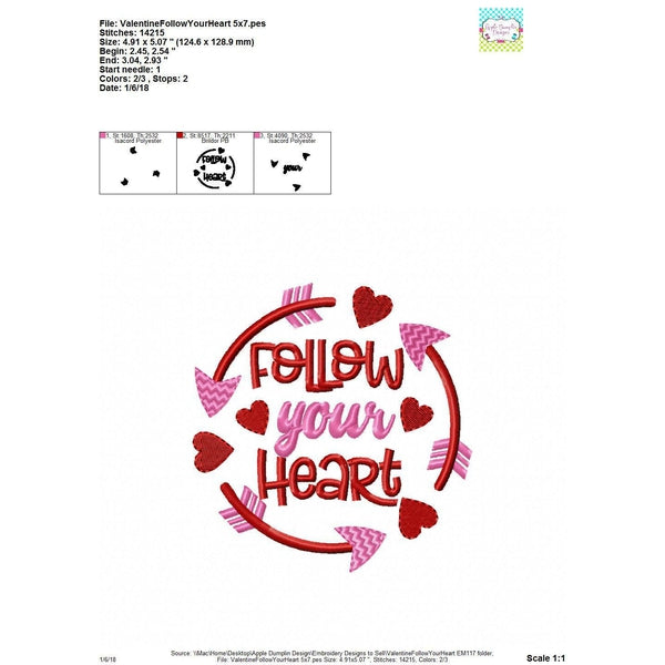 Follow Your Heart Arrow Circle Embroidery Design, embroidery