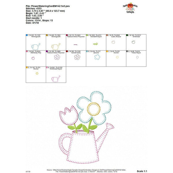 Flowers in Watering Can Blanket Stitch Applique Design, applique