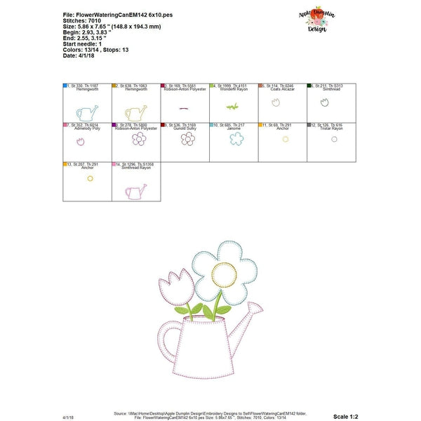 Flowers in Watering Can Blanket Stitch Applique Design, applique