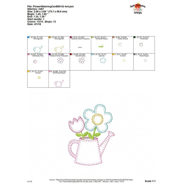 Flowers in Watering Can Blanket Stitch Applique Design, applique