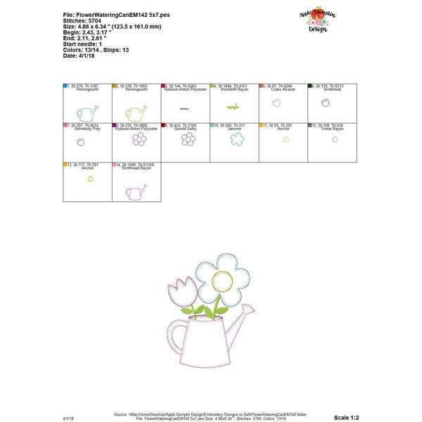 Flowers in Watering Can Blanket Stitch Applique Design, applique