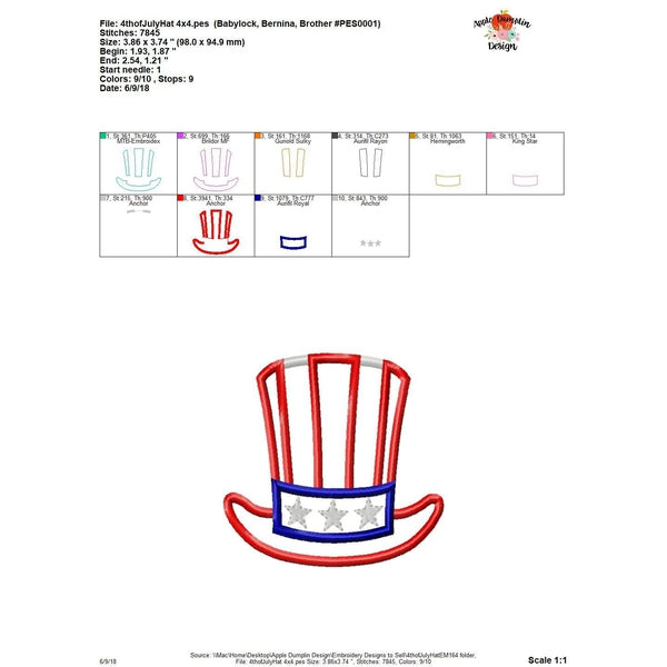 4th of July Hat Applique Design, applique
