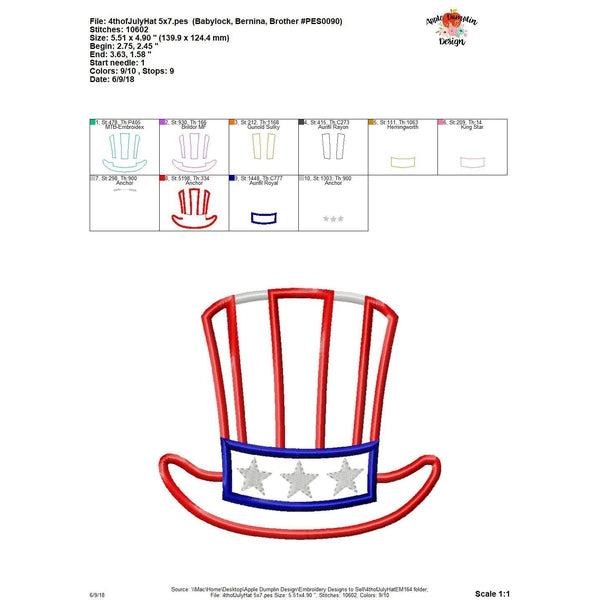 4th of July Hat Applique Design, applique
