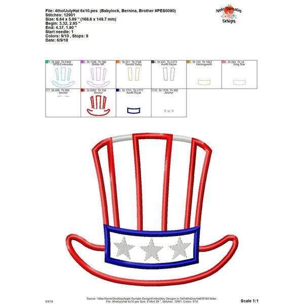4th of July Hat Applique Design, applique