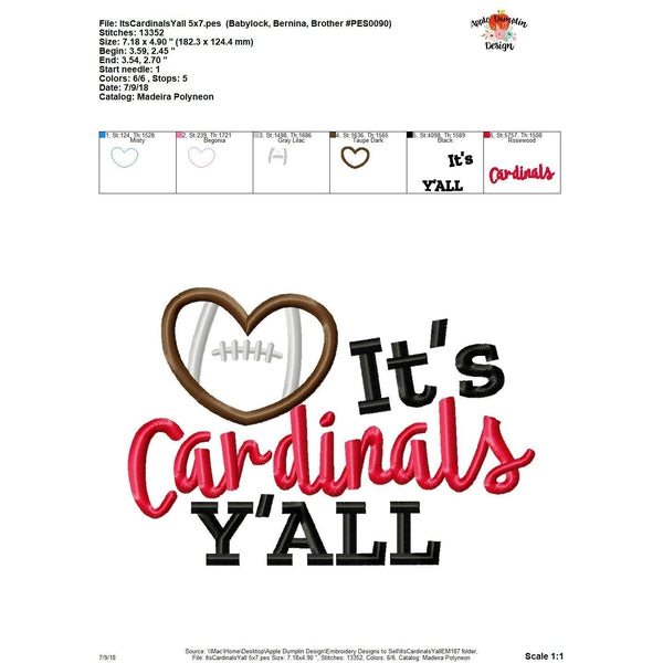 It's Cardinals Y'all Applique Design, applique