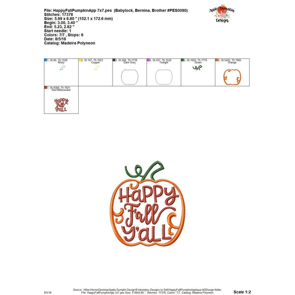 Happy Fall Y'all Pumpkin Applique Design, applique