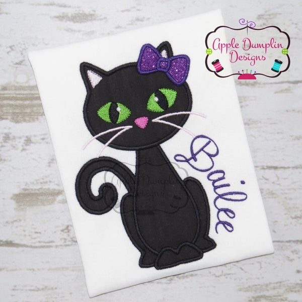 Black Cat with Bow Applique Design, applique