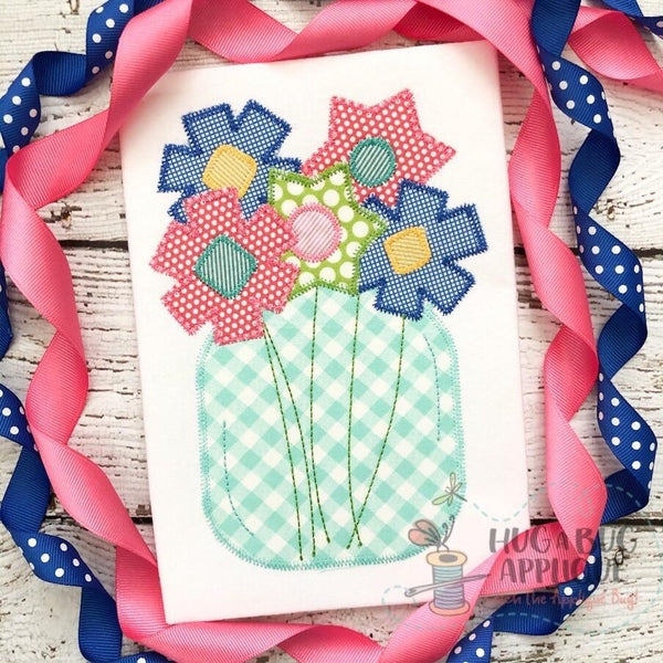 Jar Flowers Zig Zag Stitch Applique Design, Applique