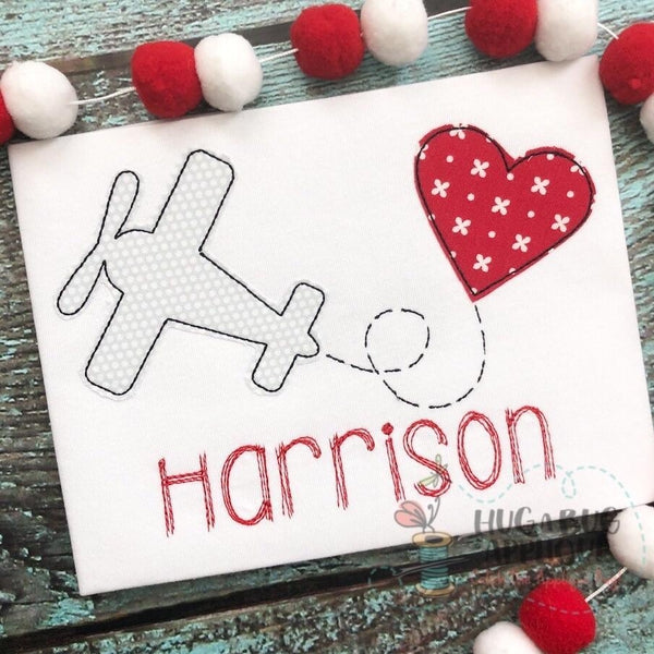 Plane Heart Bean Stitch Applique Design, Applique