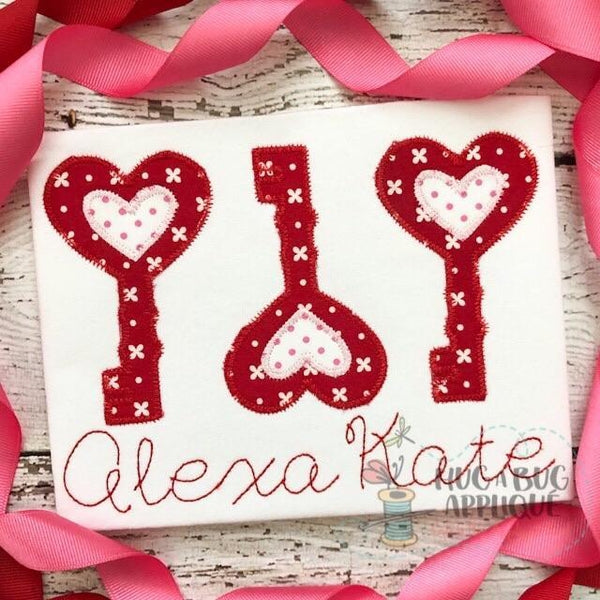 Heart Keys Trio Zig Zag Stitch Applique Design, Applique