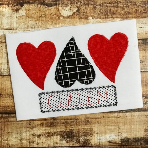 Hearts Trio Zig Zag Stitch Applique Design, Applique