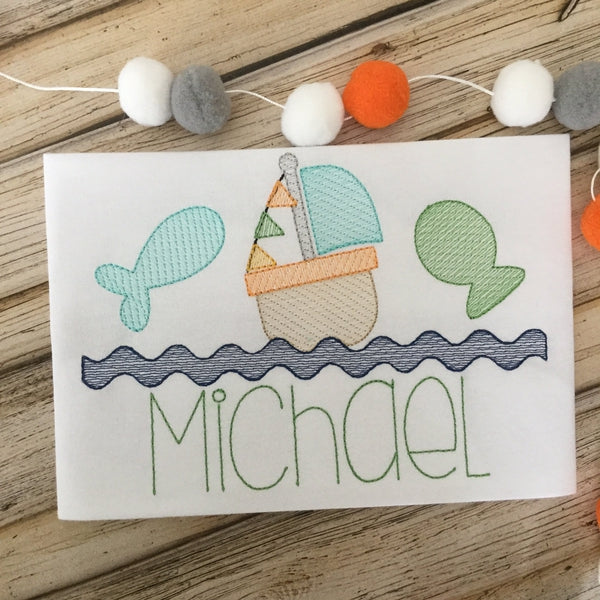 Fish Boat Trio Sketch Embroidery Design, Applique