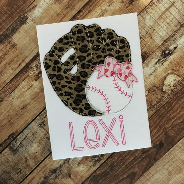 Baseball Glove Bow Bean Stitch Applique Design, Applique